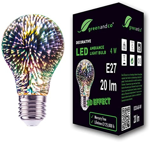greenandco® Designer LED Lampe mit 3D Feuerwerks-Effekt zur dekorativen Stimmungsbeleuchtung E27 A60 Edison Glühbirne 4W 20lm 230V flimmerfrei nicht dimmbar 2 Jahre Garantie