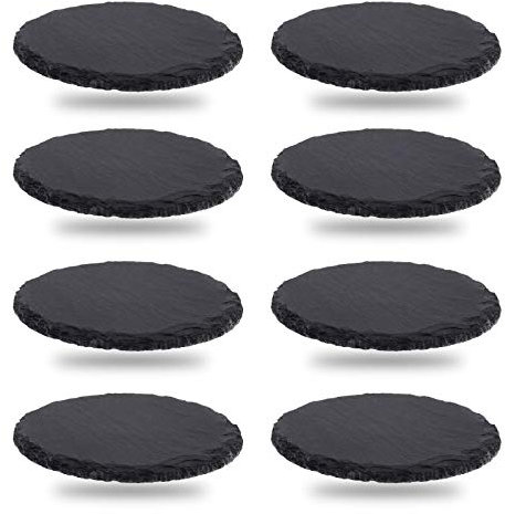 Create idea 8pcs Ardoise Dessous de Verre Boire des sous-Verres de Pierre Mis Anti-Slip Noir Rond Naturel