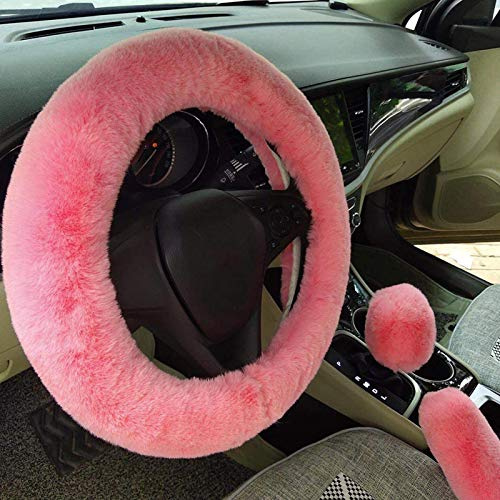 Fluffy Steering Wheel Covers Set Non-Slip Interior Accessories Fuzzy Winter Warm Wrap Universal Fits Car Truck Jeep 38CM with Gear Shift Cover Handbrake Cover Beige Red for Women Men (pink)
