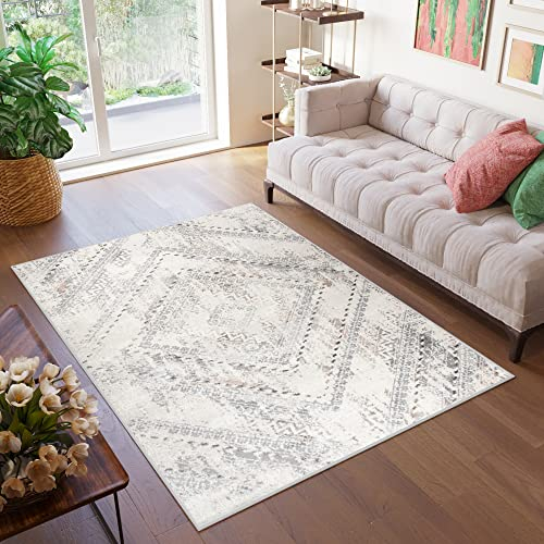 TAPISO Valley Teppich Kurzflor Grau Creme Vintage Ethno Diamant Used Effekt Modern Wohnzimmer Schlafzimmer ÖKO-TEX 200 x 300 cm