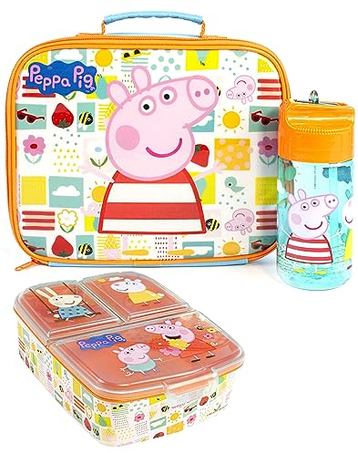 Peppa Pig Lunchbox-Set für Kinder | Schultasche, Trinkflasche & Snackdose | Abenteuer mit George Pig, Rebecca Rabbit, Suzy Sheep | Trage Peppas Abenteuer überallhin Lunch-Set