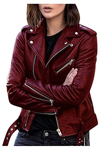 AMhomely Womens Faux Leather Biker Jacket Zip Up Motorcycle PU Moto Biker Outwear Slim Fitted Short Moto Jacket Turndown Neck Zipper Sleeve Coat with Pockets 3X 4X 5XL Plus Size Wine