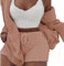DIVAND Femmes Casual 3 Pièces Ensemble Fluffy Plush Pyjama À Manches Longues Velours À Capuche Veste Manteau + Short + Crop Top Mode Hiver Garder Au Chaud Survêtement, Rose, M