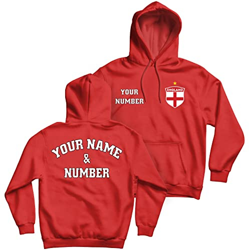 lepni.me Hoodie Sweatshirt England Football Shirt With Your Name and Number - England Flag Badge Personalised Retro Custom Top World Cup 2022 European Football Championship Fan (XL Red Multi Color)
