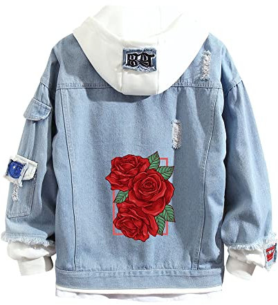 Lpstop Rote Rose Blumendruck Jeansjacke Grafik Hoodie Y2K Leichte Jacke für Teenager Erwachsene