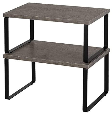 YBING Cabinet Storage Shelf Organizers Stackable Expandable Kitchen Spice Racks Countertop Shelves Set of 2 Wood Storage Racks for Kitchen Table Grey