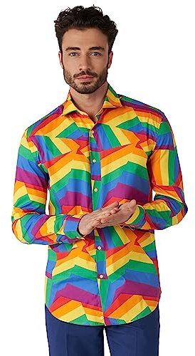 OppoSuits Herren Zig Zag Rainbow Shirt - Perfekt für Pride - Rainbow Pride - Inklusive 1 Button-Up Shirt - Langärmliges