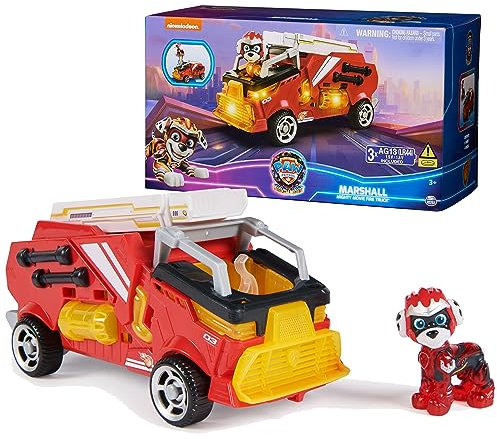 PAW PATROL: The Mighty Movie Marshall Mighty Pups Feuerwehrauto Spielzeug mit Marshall Mighty Pups Action Figur, Lichter und Geräusche, Spielzeug für Kinder ab 3 Jahren