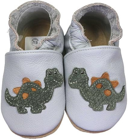HOBEA-Germany Krabbelschuhe für Jungs und Mädchen in verschiedenen Designs, Kinderhausschuhe Jungen, Lederschuhe, Schuhgröße:24/25, Modell Schuhe: Dino grau