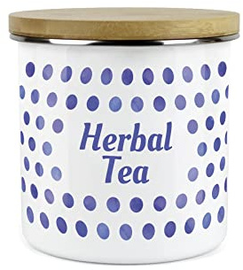 Purely Home Indigo Polka Dots Spots Herbal Tea Canister - White Metal Enamel Kitchen Food Storage Container