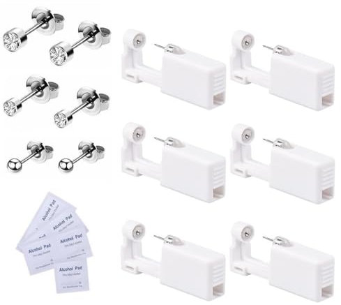 Voarge 6 Stück Ohrlochstechpistole, Einweg-Steril-Sicherheits-Ohrnasen-Piercing-Pistolen-Kit Schmerzfreies Selbst-Piercing-Werkzeug mit Ohrstecker-Asepsis-Pierce-Kit (Silber, weiße Diamanten 3mm-4mm)