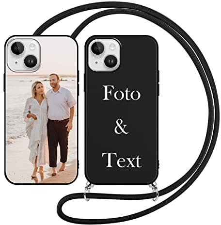 Yoedge Handykette Personalisierte Handyhülle für Apple iPhone 13 Mini Hülle mit Band Kordel 5,4,Selbst Gestalten mit Foto Bild Text Individuelle Schutzhülle Schwarz Cover für iPhone 13 Mini Case