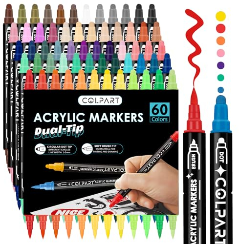 colpart Marqueurs Acrylique - marqueur peinture acrylique Brush60couleurs stylo noel roche, toile, plastique, métal, bois et pierre, marqueurs D'oeufs De Pâques Et De Citrouilles