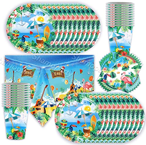 Shamoparty Lot de 61 Vaisselle,20Serviettes, 20Assiettes,20Tasses et 1Nappe Décoration de Table Hawaïenne, Couverts à Thème Cool pour l'été