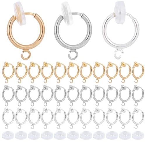 SUNNYCLUE 1 Box 30 Stück Clip On Ohrring Konverter Messing Ohrringkomponenten Huggie Haken Mit Offenen Schlaufen Silikon Pads Ohrring Clips Für Die Schmuckherstellung Nicht Durchbohrte Ohren DIY Ohrri