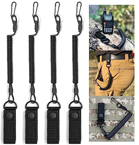 Suuwwn Schwarz Tactical Lanyard,4Pcs Elastisch Angeln Lanyards Spirale Schlüsselring Spiral Schlüsselanhänger mit Karabiner Elastischer Paracord paracord lanyard für Angeln,Wandern, Jagen,Bergsteigen