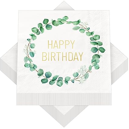 60 Stück Servietten Geburtstag, Servietten Eukalyptus Grün, Servietten Salbeigrün, Happy Birthday Servietten, Geburtstagsservietten, Geburtstagsdeko Tisch Servietten Tischdeko Geburtstag Frau Mann