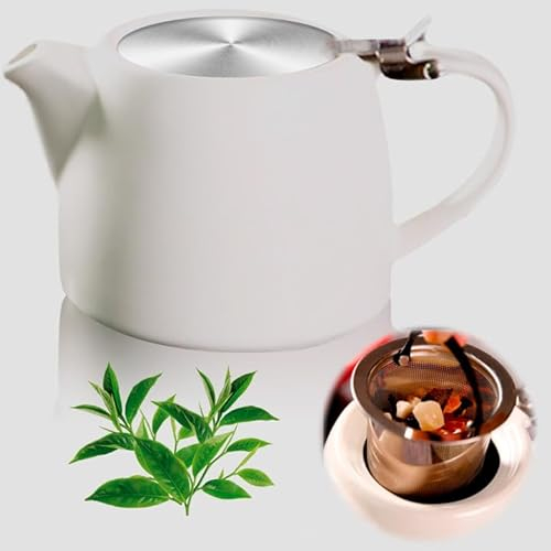 Vegena Tetera de cerámica, tetera de porcelana de 500 ml, tetera con infusor, tetera de cerámica apta para lavavajillas, mango redondeado para té de hojas sueltas o bolsas, color blanco