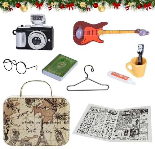 Miniatur Zubehör,10 Stück Miniatur Puppenhaus Zubehör,Miniatur Vintage Deko Set 1:12 Simulation Koffer Gitarre Kamera Modell Bücher Zahnbürste Zahnpasta Zahnbecher Brille Zeitung Aufhänger