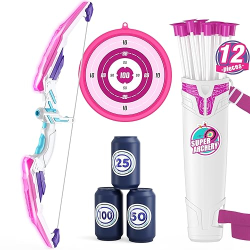 HYES Pfeil und Bogen Spielzeug für Kinder Bogenschießen Set mit 1 Bogen, 12 Saugnapfpfeile, 1 hängendes Ziel, 1 Pfeilhalter & 3 Score Ziele, Indoor Outdoor Spielzeug Geschenk für Jungen Mädchen, Lila