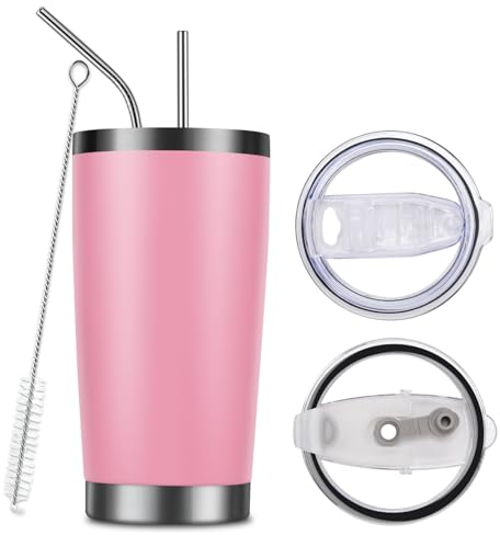 VIOZKIKI 20oz Coffee Cup Travel Mug Thermal Smoothie Cup Insulated Water Tumbler Stainless Steel with 2 Straws and 2 Lids for Hot and Ice Cold Drinks Reusable (Pink, 20oz)