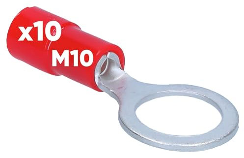 Kalitec RKSRM10 - 10 capicorda ad anello, 0,5 – 1 mm², parzialmente isolato, M10, rosso, rame, colletto, in PVC, per il collegamento di cavi o fili, capicorda I connettori per cavi proteggono i