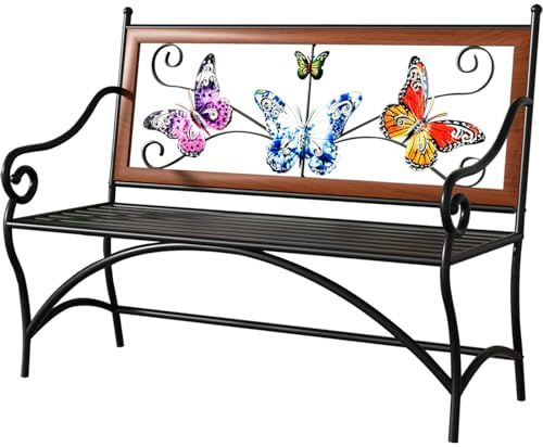 39.7 Outdoor Bench, Garden Bench, Patio Bench with Armrest, Slatted Seat and Butterfly Pattern Backrest for Outside, Front Porch, Park, Lawn, Backyard and Balcony, Cast Iron Metal Frame, Black