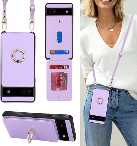 Havaya Coque Google Pixel 6a avec Cordon RFID Porte Carte Portefeuille Étui Google Pixel 6a avec Cordon Anneau Telephone Portable Réglable Collier Housse Etui pour Femmes - Violet
