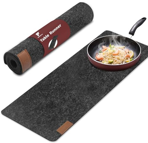 shinfly Tischläufer Filz,150x40cm Moderne Tischläufer Abwaschbar | Filzläufer Tisch mit Leder Label, Table Runner für Holztische, Esstische, Gartentische oder Beistelltische (Dunkelgrau)