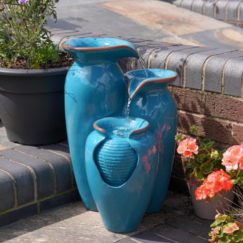 Festive Lights - 51.5cm Blue Cascading Jug Hybrid LED Lit Water Feature with Solar, USB & Mains Power - Turquoise Polyresin Fountain, Multi Timer Functions, Indoor & Outdoor Use, IP44 Rated, 5m Cable