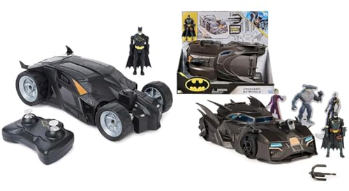 Spin Master - Batman Batmobile mit Fernsteuerung (2 & Spin Master - Batman Offroad Batmobile mit Fanghaken-Katapult und Gitter-Zelle im Heck, inkl. 10-cm Batman Figur, für Superheldenfans ab 4 Jahren
