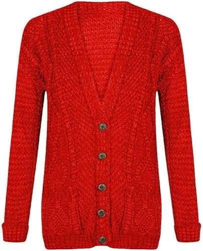 OutfitsbySMILE Women's Ladies Long Sleeve Button Top Chunky Aran Cable Knitted Grandad Cardigan Red UK Size 12/14