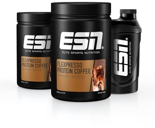 ESN Flexpresso Protein Coffee + Gratis Shaker, Schokolade, 2 x 908 g, Cremiger Protein-Kaffee mit bis zu 22 g Protein pro Portion - made in Germany