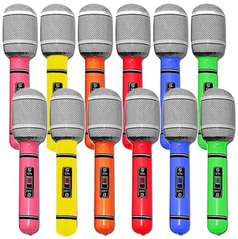 12 PCS Inflatable Microphone Age 3+, Blow Up Microphone, Party Accessories, Inflatable party Props, Star Party Supplies Christmas Birthday Party Gifts Stage Performance (10 Inches 6 Color)