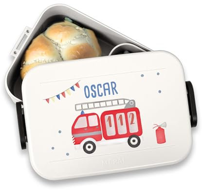 hellomini Mepal Brotdose - Personalisiert - Brotdose Kinder mit Fächern - Snackbox mit Fächern - Lunchbox, Bento Box Geschenk zu Einschulung - Einschulungsgeschenk (Feuerwehr, Weiß)