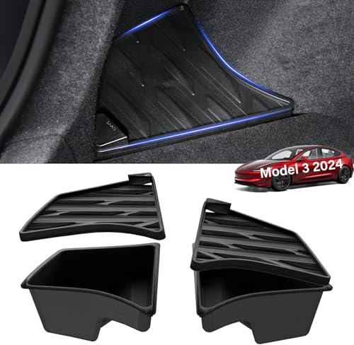 Coverado Trunk Organizer Storage Bins, Compatible with Tesla Model 3 2024 Rear Trunk Side Storage Box with Lids, 2 Packs Storage Bins Model 3 Accessories, TPE Waterproof Black Corner Storage Boxes