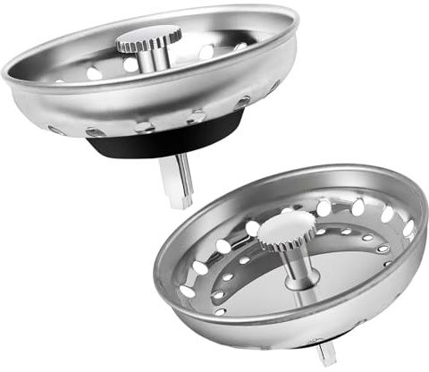 Juego de 2 coladores de drenaje para fregadero de cocina y tapón para drenaje estándar de 3-1/2 pulgadas, tapón de fregadero de acero inoxidable con tapón de goma inferior para fregadero de cocina,