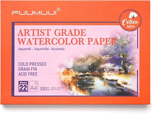 Aquarellpapier A4 100% Baumwolle - 22 Blatt 300g/M² Säurefreis Aquarell Papier, Kaltgepresst & Geleimt | Aquarellblock Din A4 | Watercolor Paper für Aquarellmalerei Zeichnung und Handlettering