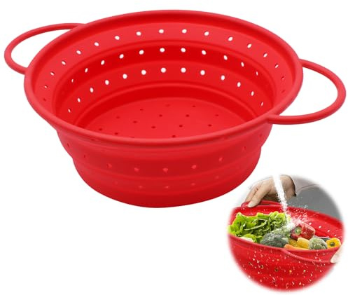 WYYFXY® Sieb Faltbar Silikon, Nudelsieb Faltbar 33cm Abtropfsieb Silikon Groß Pasta Strainer Spülmaschinenfest für Abtropfen von Nudeln, Obst, Gemüse (Rot)