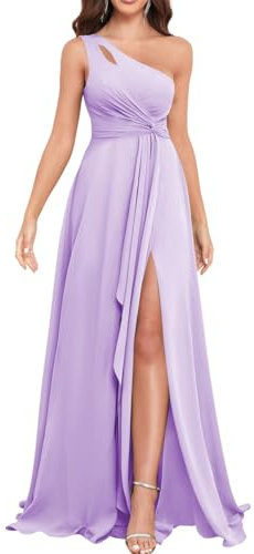 Una spalla Principessa Abiti da Damigella D'Onore Increspature Abiti da Prom Chiffon Abito da sera formale con fessura ZM085, Lilla, 40