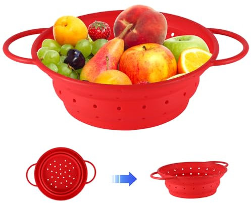 ZONJIE Sieb aus Silikon faltbar 28 cm - Hitzebeständiges Faltbares Nudelsieb Platzsparend, Leicht zu Reinigen Spülmaschinenfest, Silikon-Sieb für Kochen & Abtropfen, Küche und Camping (Rot)