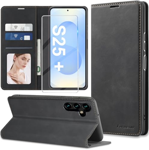 2025 Neu Handyhülle für Samsung Galaxy S25 Plus Hülle Leder mit Schutzfolie,[3 Kartenfächer] Klapphülle Galaxy S25 Plus 5G Hülle Leder Wallet Klappbar Stoßfest Cover Case