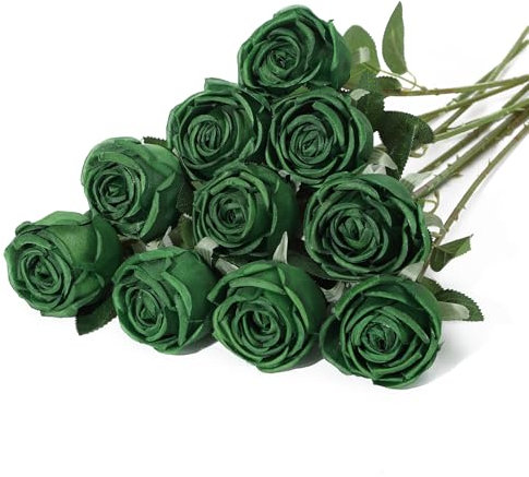 LEUCHTAMOR 10 rose artificiali verde scuro rosa finta realistiche rose finte per bouquet di nozze fai da te, centrotavola per addio al nubilato, composizioni floreali, tavoli per feste, decorazioni