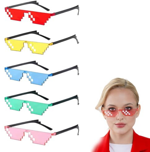 vcsjw Pixel Brille,Pixel Mosaik Brille,Lustige Brillen Set für Party Verkleidungen Foto Requisiten, Unisex (5 Stück Blau Rosa Rot Grün Gelb)