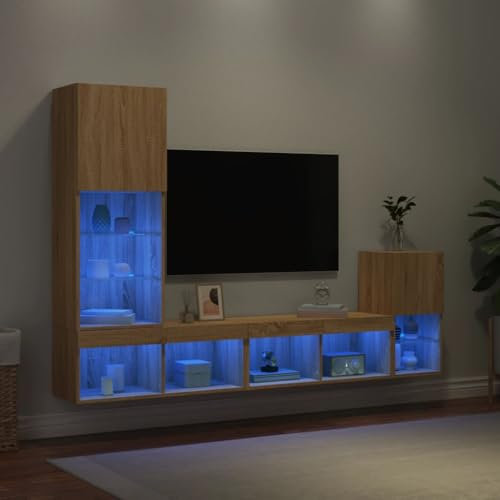 Homgoday 4-TLG. Wohnwand mit LED-Beleuchtung Sonoma-Eiche Holzwerkstoff TV Wandschrank, Fernsehschrank mit Stauraum, Schrankwand Wohnwand TV Möbel für Wohnzimmer, Schlafzimmer