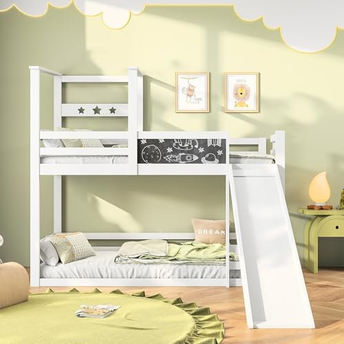 Marooma Lit superposé, 90 x 200 cm, avec toboggan et protection de sécurité, pour 2 enfants, adolescents, cabane, avec tableau à craie créatif, blanc (A)
