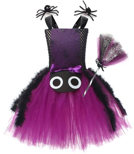 OMEWEE Witch Costumes for Girls, Spider Fancy Dress Up Costume with Hair Clips and Broom for Kids Girls Halloween Spider Costume Dark Purple 4-5 Years