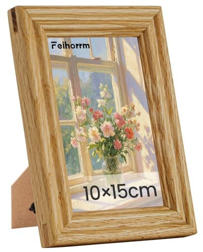 Feihorrm Vintage Bilderrahmen, 10x15 cm Eiche Massivholz Bilderrahmen, Mit gehärtetem Glas, Eiche Fotorahmen, Geeignet für Wand- und Tischdisplays (Beige, 10x15 cm)