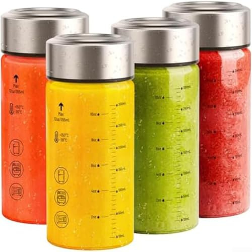 Yhenlovtt Lot de 4 bouteilles en verre borosilicate réutilisables avec couvercles étanches en acier inoxydable pour smoothies - 350 ml - 350 ml