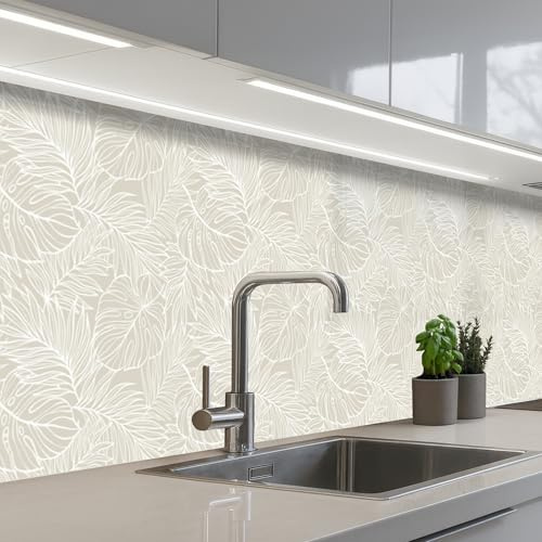 KitchenYeah© Crédence Adhésive Résistant À La Chaleur Protection Mur | 60x300 cm - Cuisine Panneaux Muraux Adhesif Panneau Decoratif Interieur Feuilles - Beige - Monstera - Palmier